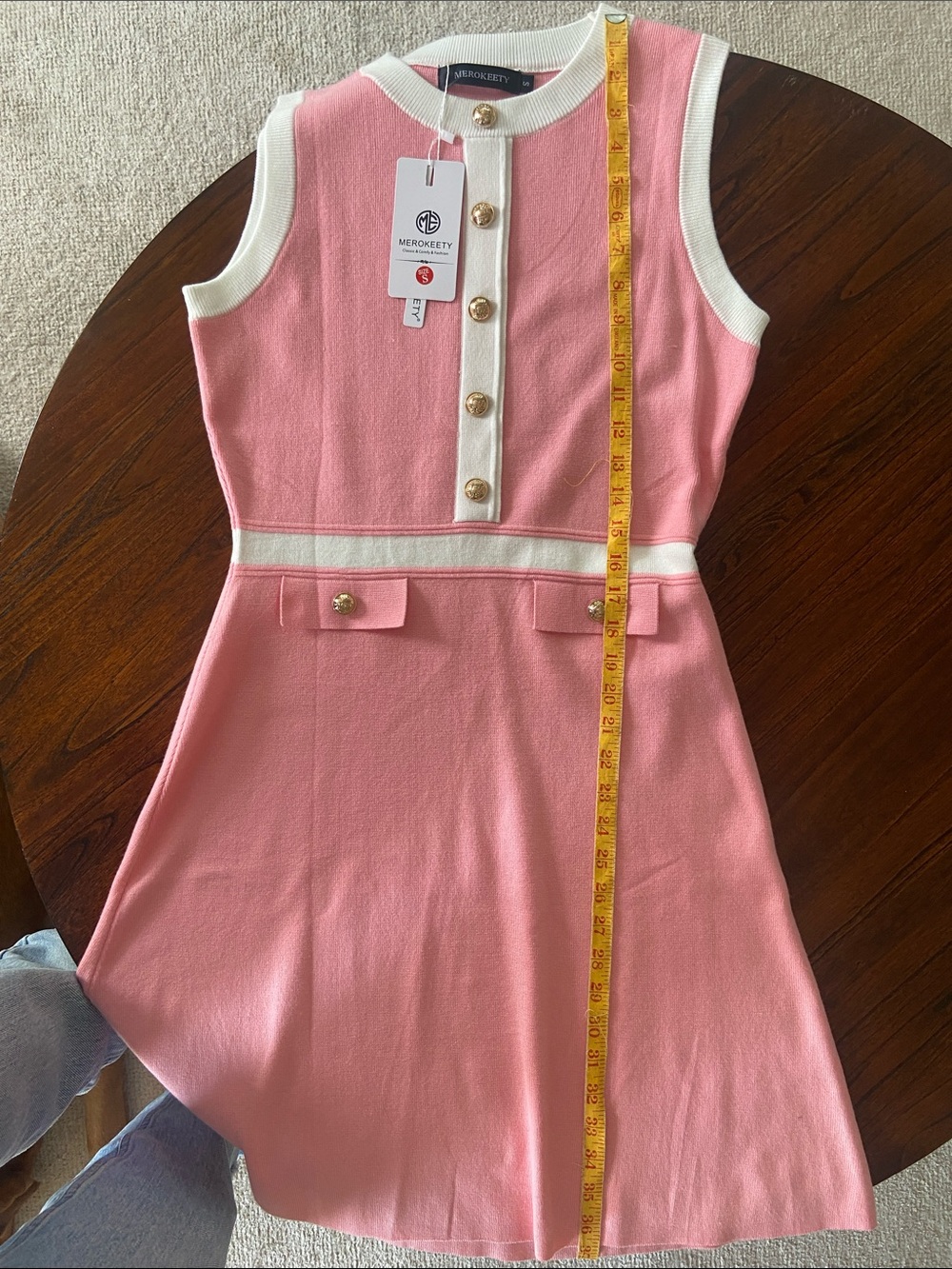 Sleeveless Pink Mini Dress with White Trim and Gold Buttons - Picture 5 of 6
